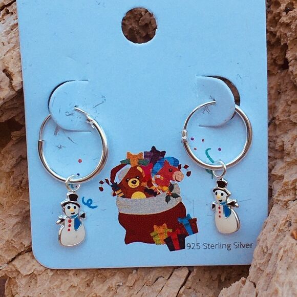 Children's Silver Hoops w/ Hanging epoxy  Snowman - Picture 2 of 3